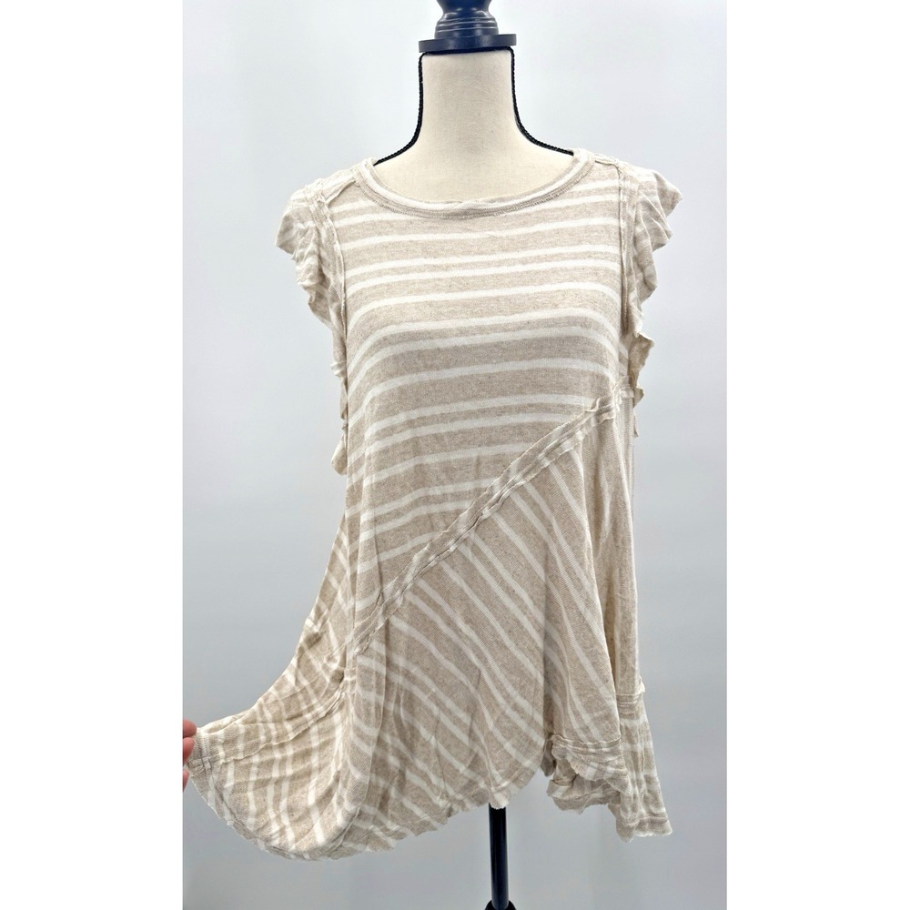 Free People Striped Linen Tunic Dress Small Asymmetrical Neutral Boho Coastal